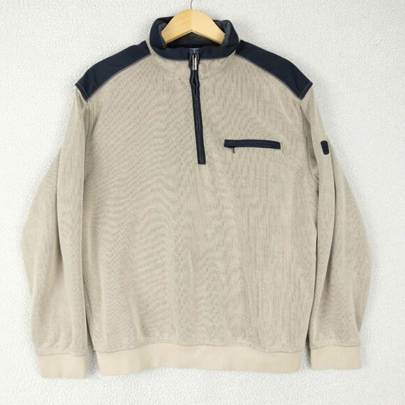 Bugatti Jacket Mens Large Beige Ribbed Knit Quarter Zip Preppy Stretch - Picture 1 of 10